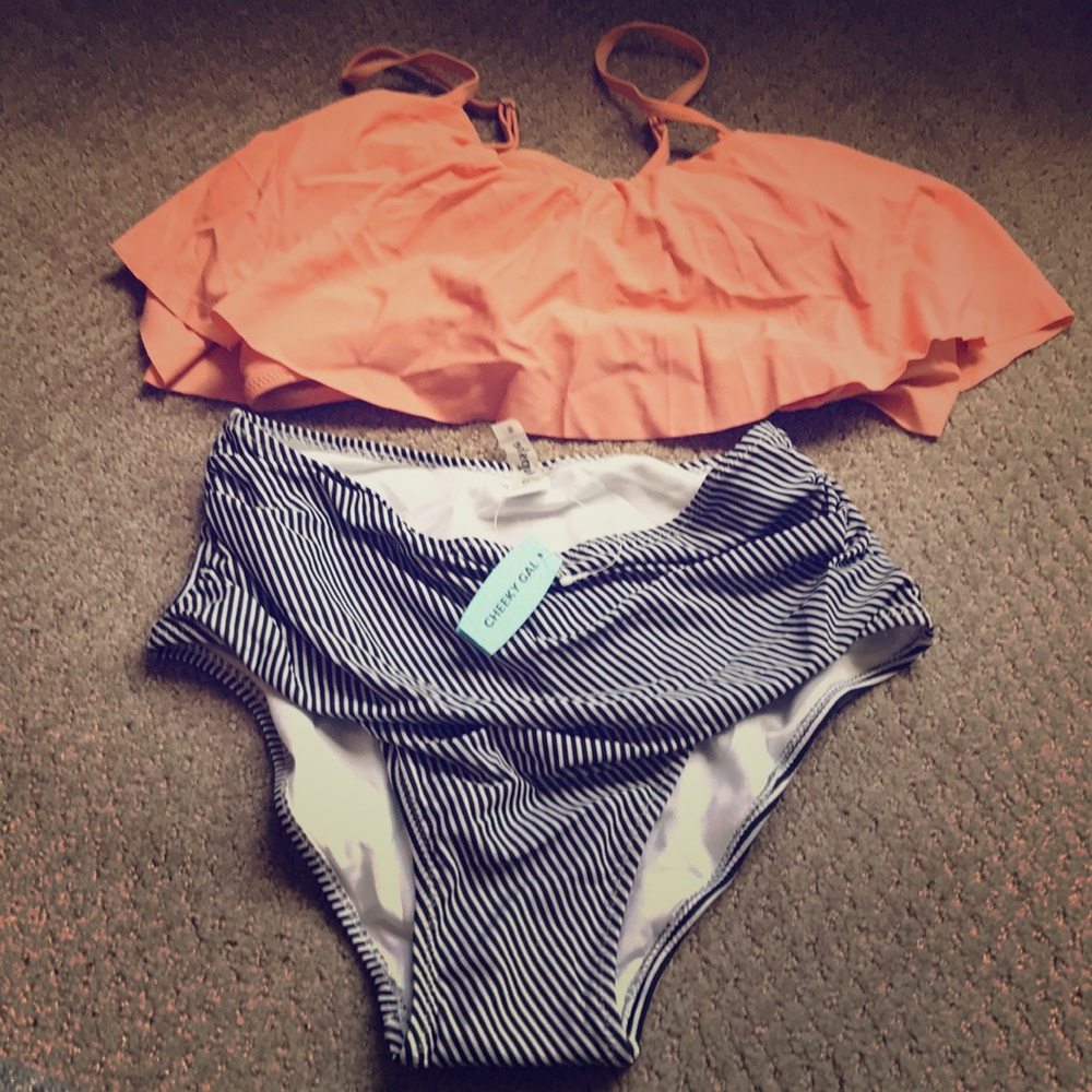 Two piece bikini high waisted bottom ruffle top